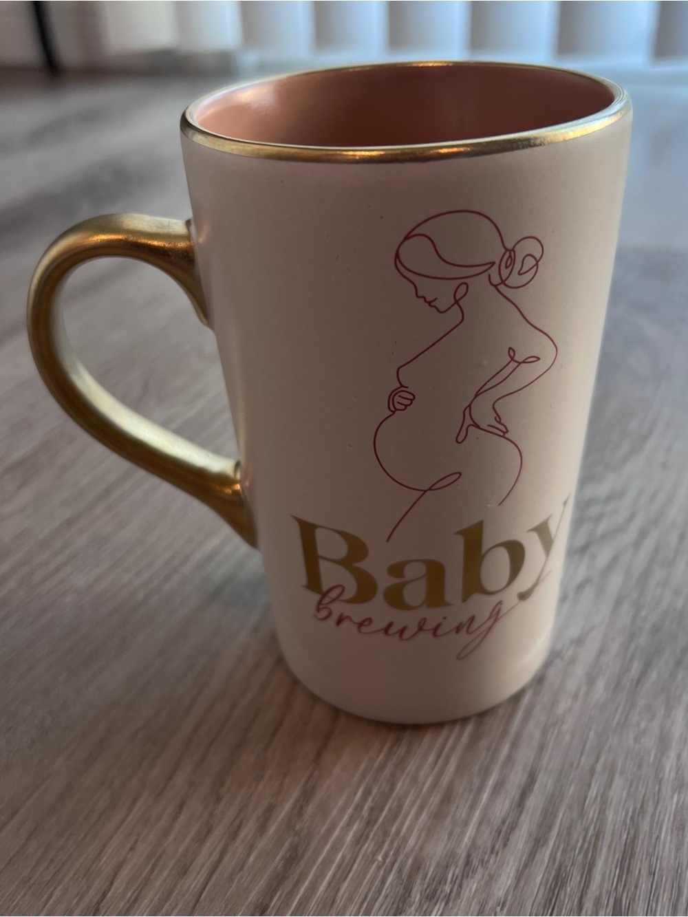 Baby Brewing Tall Coffee Tea Mug Tummii Gold Handle Ivory Peach Pregnancy Gift